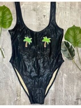 Private party Black metallic One-Piece Swimsuit with Green Palm Appliqués S/M